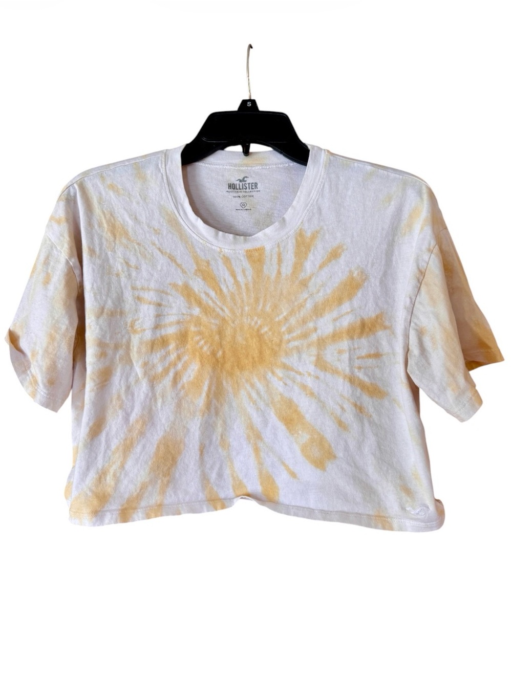 Hollister White and Yellow Tie-Dye Cropped Tee